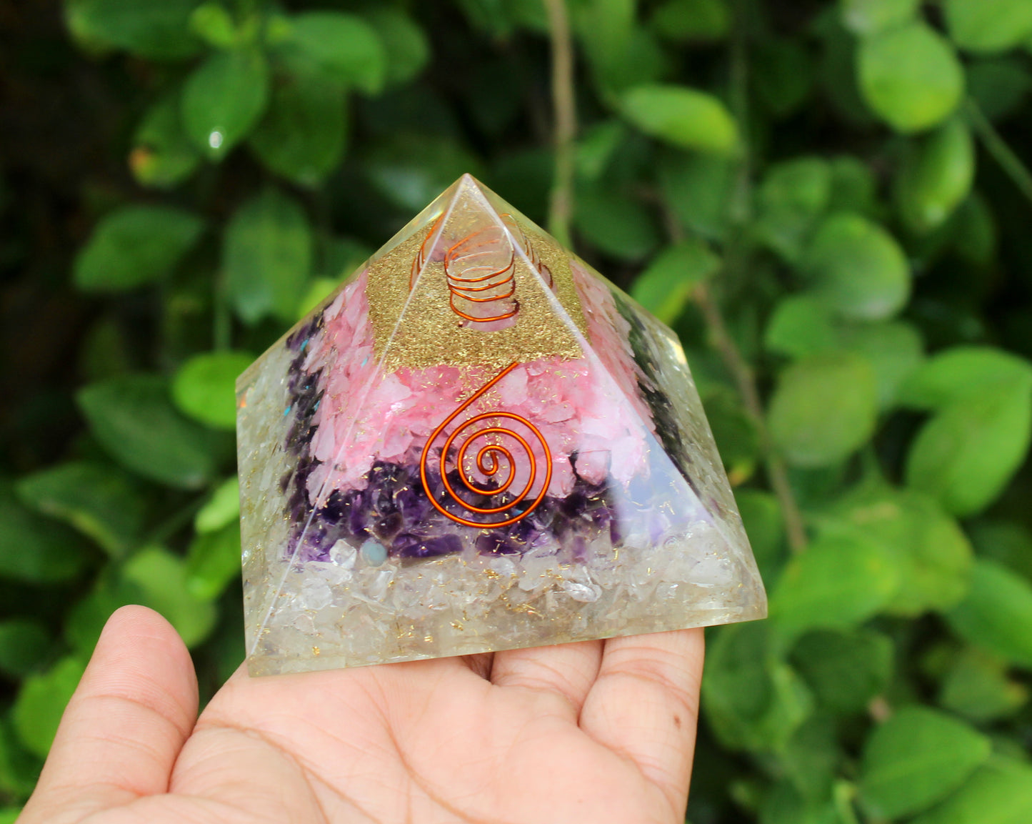 Natural Rose Quartz, Amethyst and Clear Quartz Orgone Pyramid