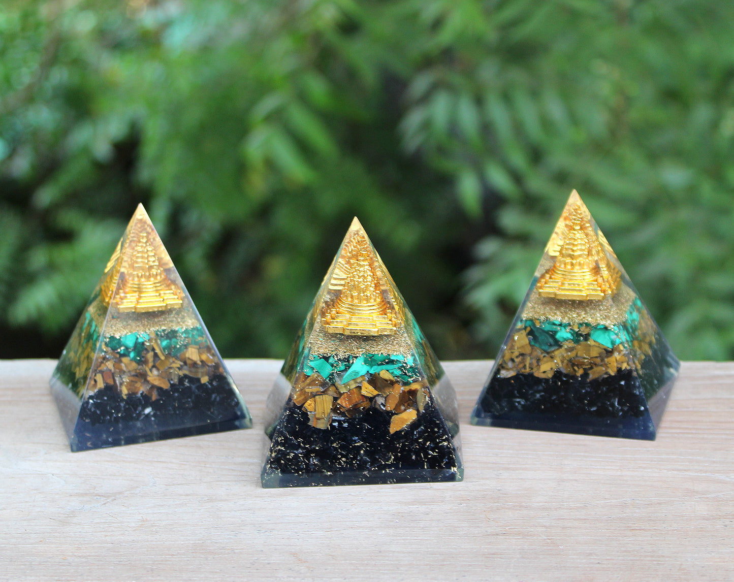 Natural Tiger Eye, Black Tourmaline, Malachite Sri Yantra Orgone Pyramid, Triple Protection Pyramid