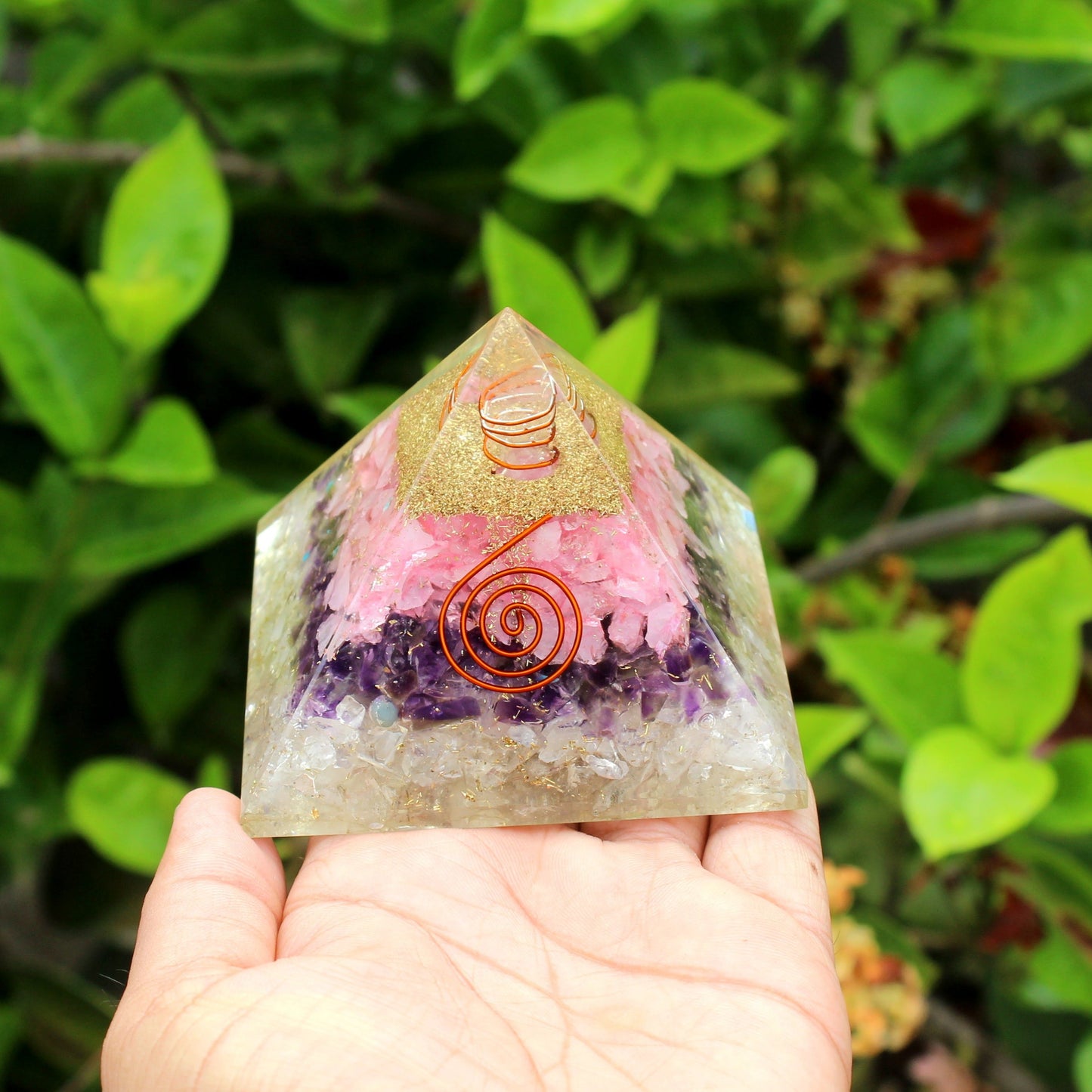 Natural Rose Quartz, Amethyst and Clear Quartz Orgone Pyramid