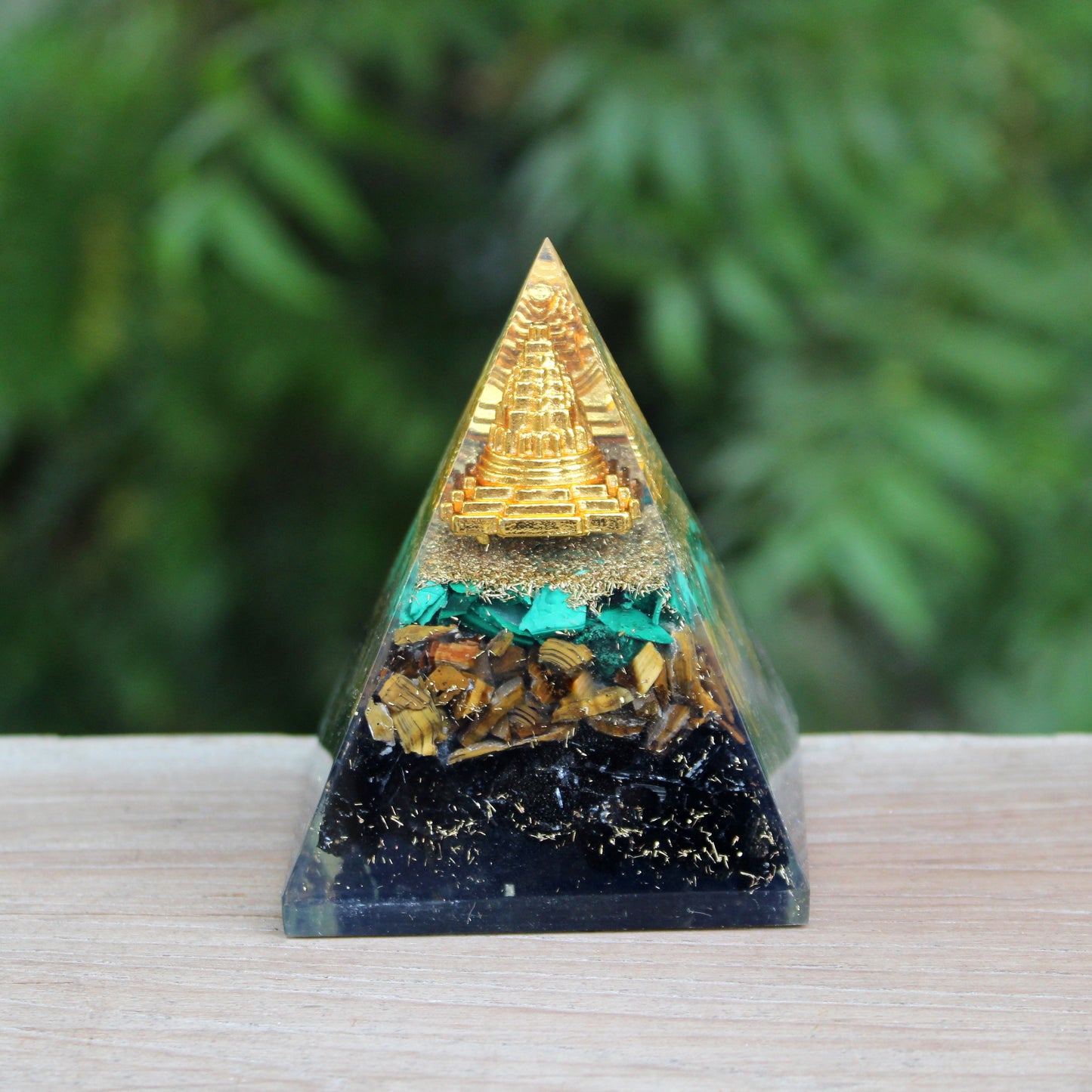 Natural Tiger Eye, Black Tourmaline, Malachite Sri Yantra Orgone Pyramid, Triple Protection Pyramid