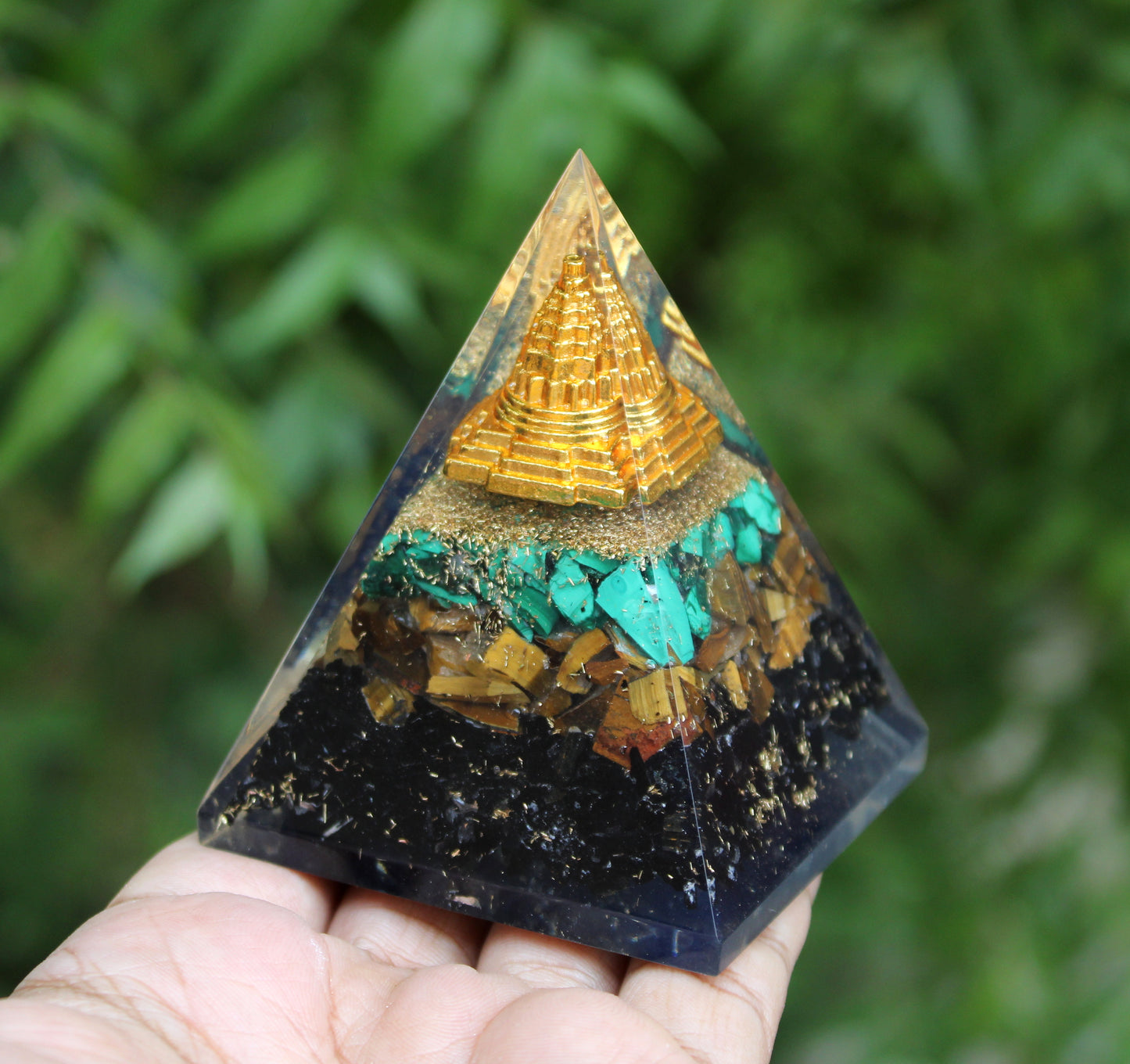 Natural Tiger Eye, Black Tourmaline, Malachite Sri Yantra Orgone Pyramid, Triple Protection Pyramid