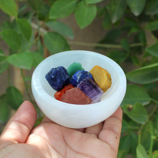 Natural Selenite Bowl with 7 Chakra Raw Stones